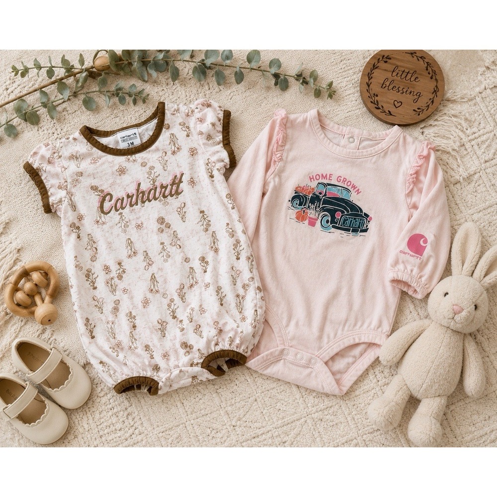 Carhartt Baby Girl Lot Of 2- Sz 3months Pink‎ Floral Bubble Romper & LS Bodysuit